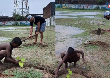 तेज बरसात में भी पौधों को सरंक्षित करने पहुंचे उझानी के समाजसेवी