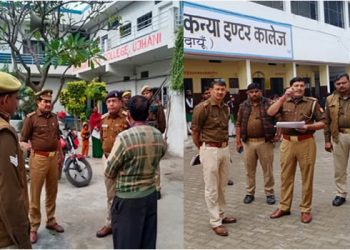 उझानी पुलिस ने किया मतदान केंद्रों का निरीक्षण